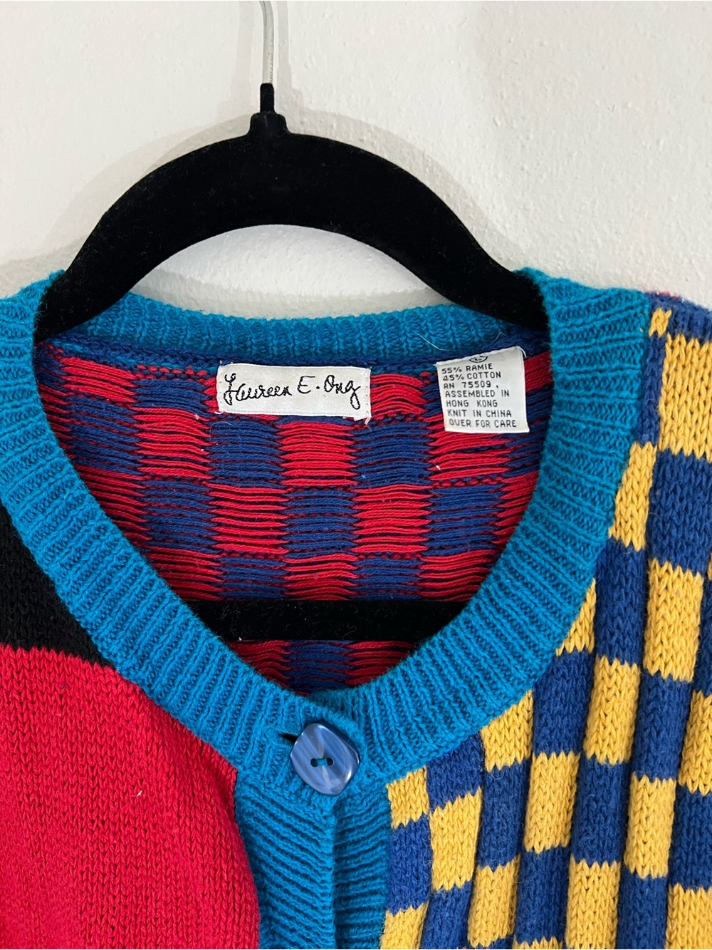 Colorblock Geometric Women’s Cardigan Sweater - Teal Multi, Unique Pattern - Picture 3 of 4